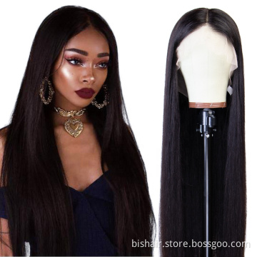 Brazilian black ladies real hair wig 28 inch straight hair 100% real human hair 13x4T partial pre-pulled mesh wig wholesaler